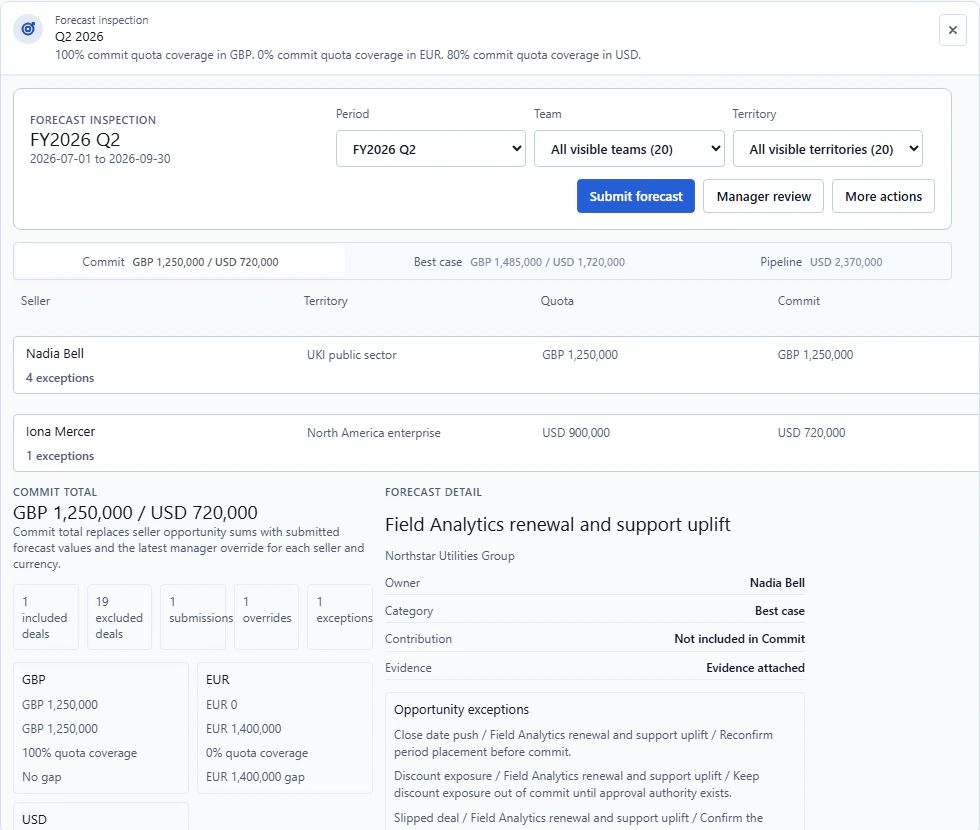 Forecast management with category, team and opportunity detail