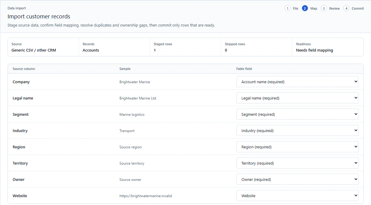 Import workbench showing mapping and exception correction