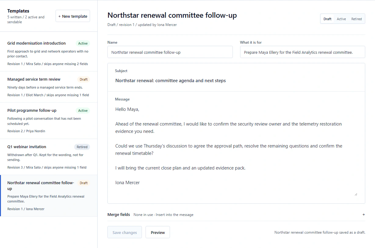 Correl email outreach workspace with preparation and review controls.